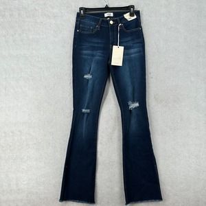 YMI Womens Mid‎ Rise Flare Jeans Womens 5/27 Raw Frayed Hem Distressed Dark Wash